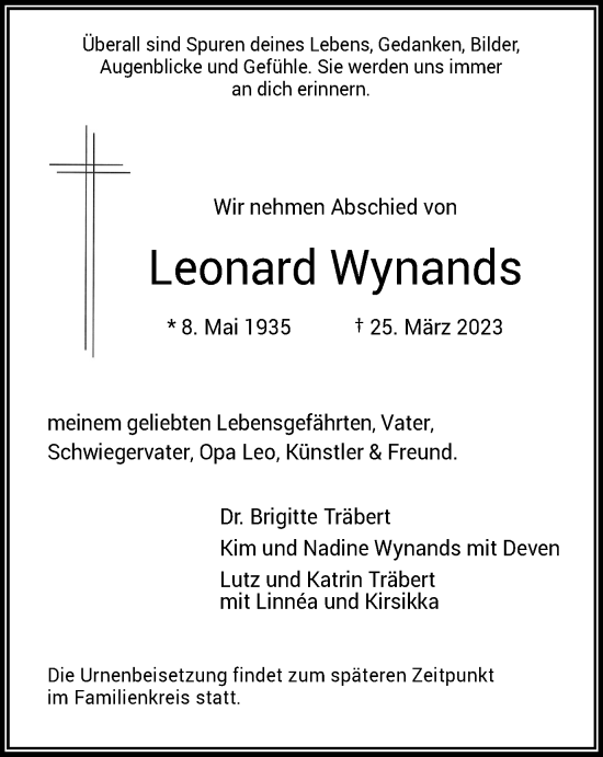Traueranzeige von Leonard Wynands von Tageszeitung