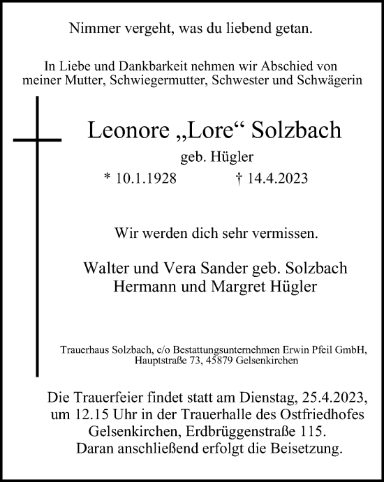 Traueranzeige von Leonore Solzbach von Tageszeitung