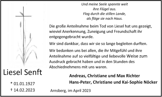 Traueranzeige von Liesel Senft von Tageszeitung