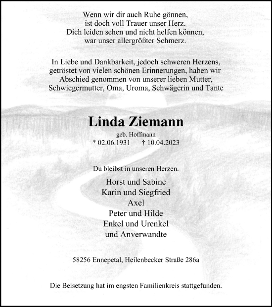 Traueranzeige von Linda Ziemann von Tageszeitung