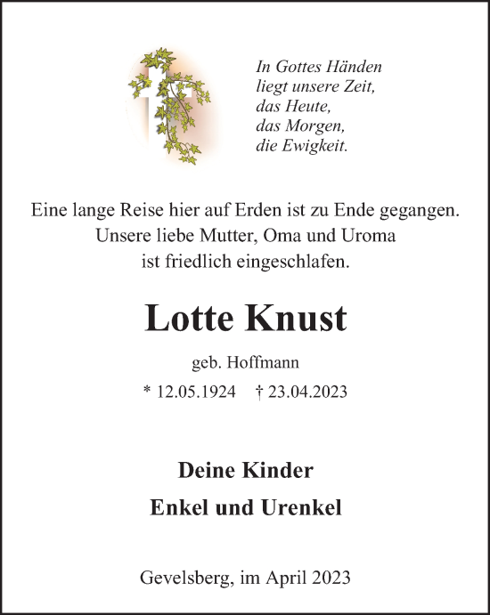 Traueranzeige von Lotte Knust von Tageszeitung