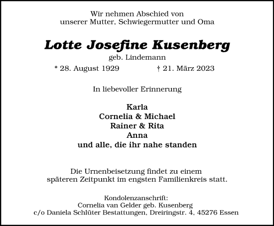 Traueranzeige von Lotte Josefine Kusenberg von Tageszeitung