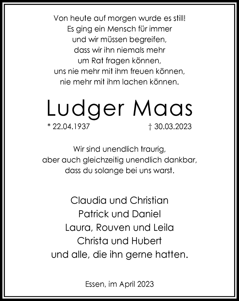  Traueranzeige für Ludger Maas vom 14.04.2023 aus Tageszeitung