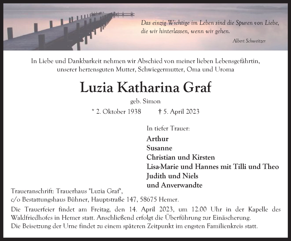  Traueranzeige für Luzia Katharina Graf vom 12.04.2023 aus Tageszeitung