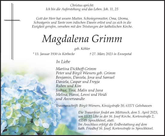 Traueranzeige von Magdalena Grimm von Tageszeitung
