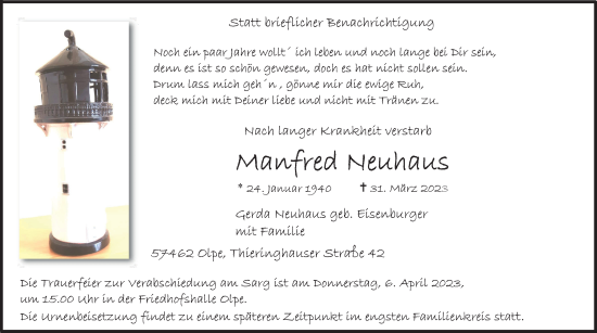 Traueranzeige von Manfred Neuhaus von Tageszeitung