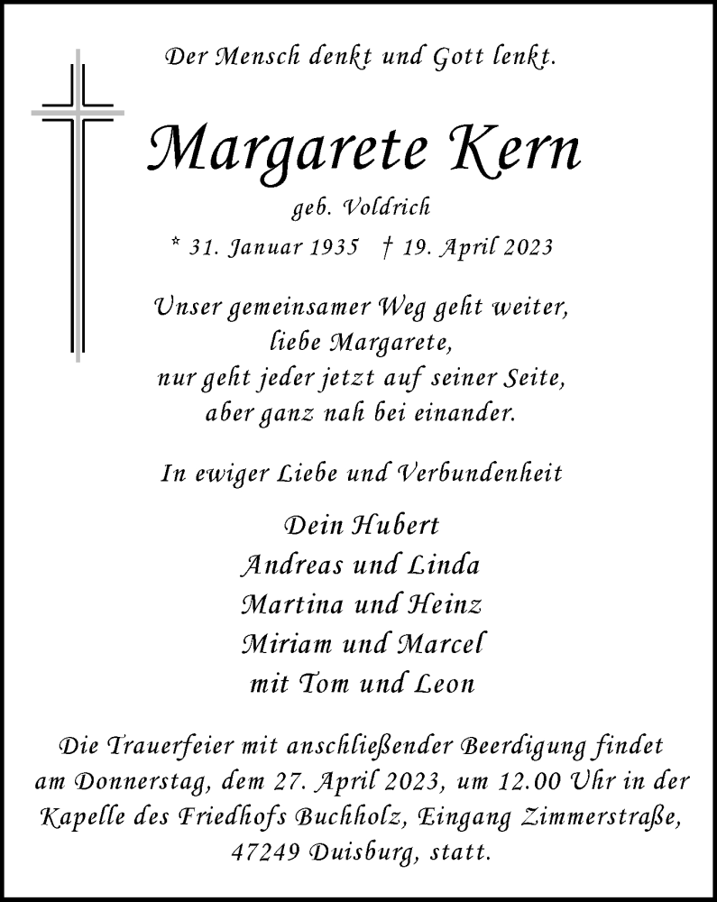  Traueranzeige für Margarete Kern vom 22.04.2023 aus Tageszeitung