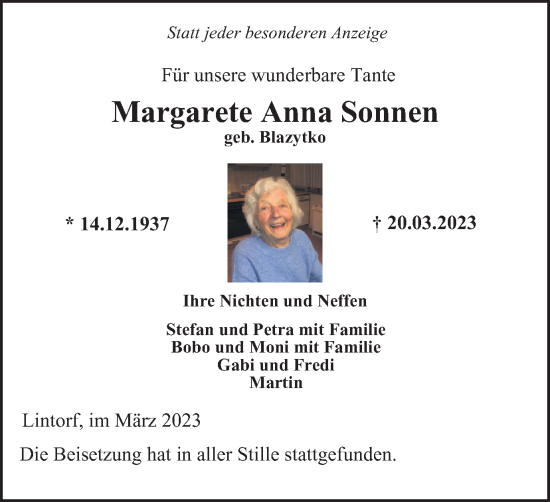 Traueranzeige von Margarete Anna Sonnen von Tageszeitung