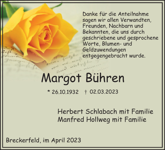 Traueranzeige von Margot Bühren von Tageszeitung