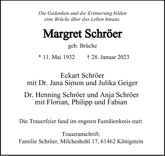 Traueranzeige von Margret Schröer von Tageszeitung