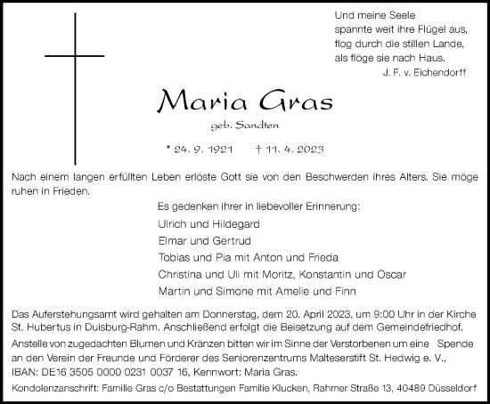 Traueranzeige von Maria Gras von Tageszeitung
