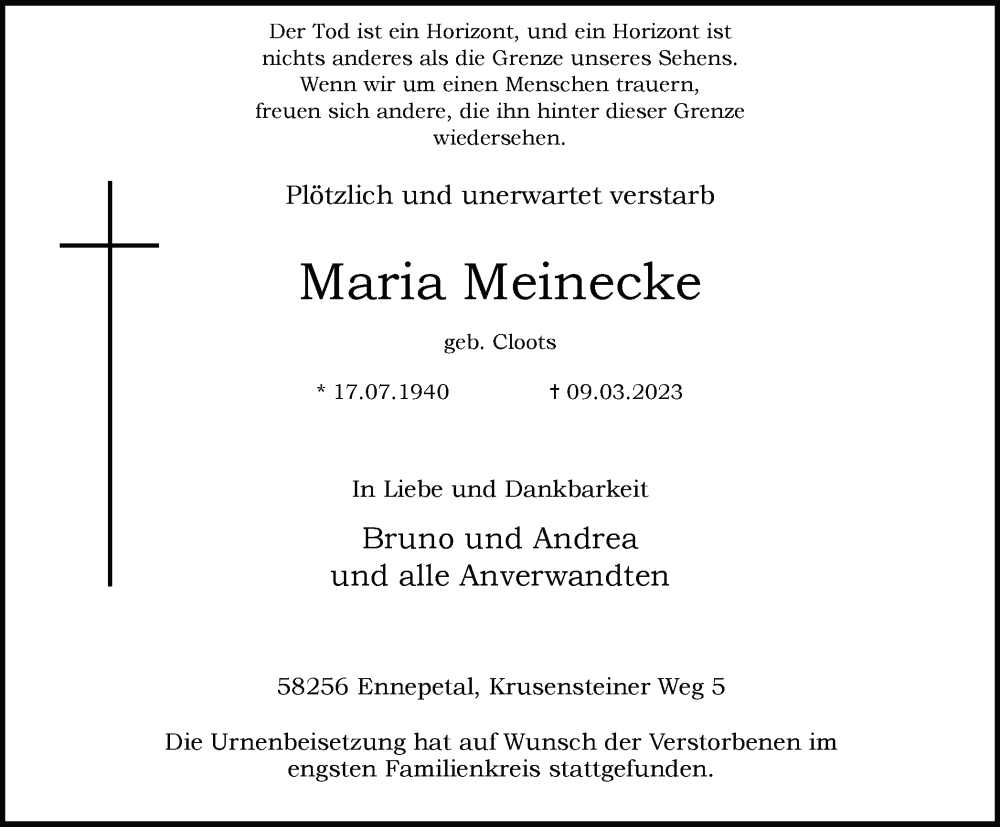  Traueranzeige für Maria Meinecke vom 01.04.2023 aus Tageszeitung