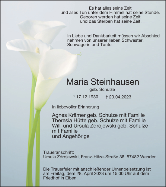 Traueranzeige von Maria Steinhausen von Tageszeitung