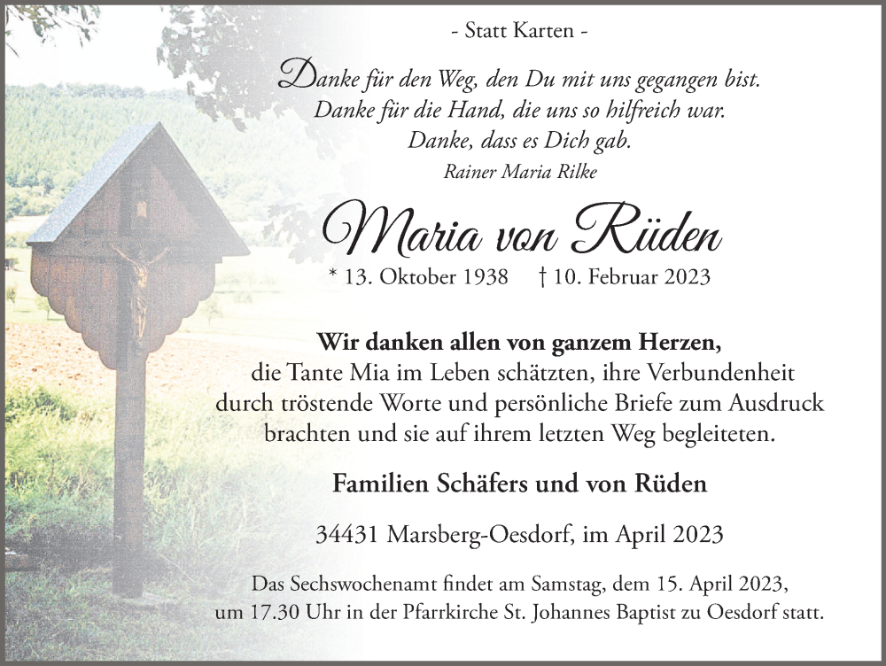  Traueranzeige für Maria von Rüden vom 01.04.2023 aus Tageszeitung