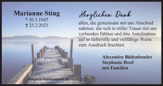 Traueranzeige von Marianne Sting von Tageszeitung