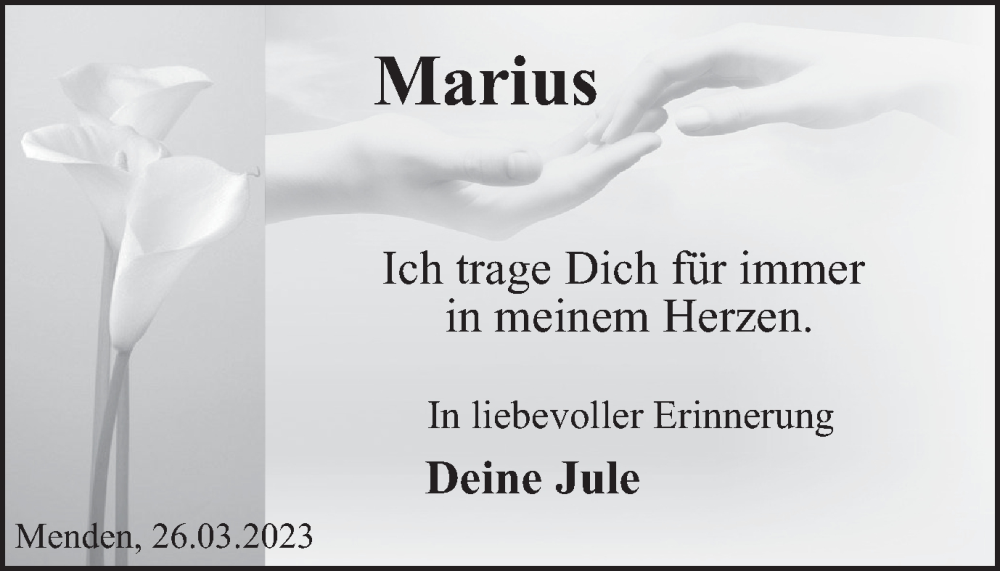  Traueranzeige für Marius  vom 01.04.2023 aus Tageszeitung