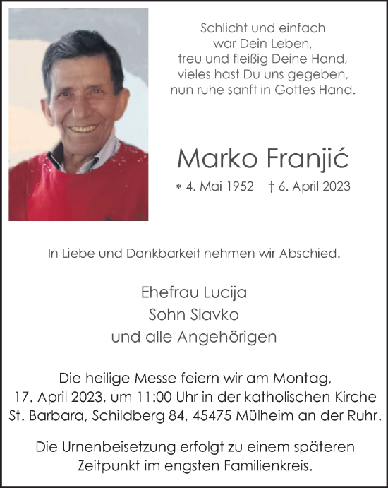 Traueranzeige von Marko Franjic von Tageszeitung