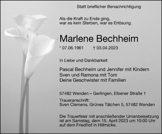 Traueranzeige von Marlene Bechheim von Tageszeitung