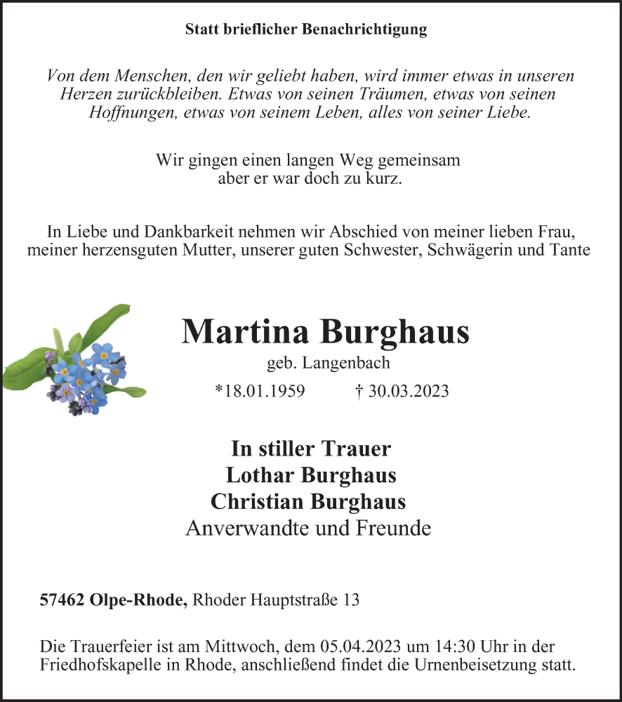  Traueranzeige für Martina Burghaus vom 01.04.2023 aus Tageszeitung