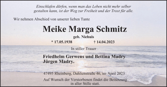 Traueranzeige von Meike Marga Schmitz von Tageszeitung