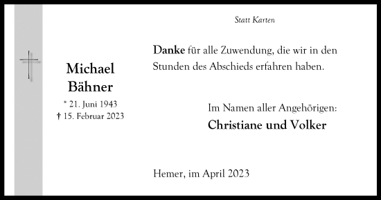 Traueranzeige von Michael Bähner von Tageszeitung
