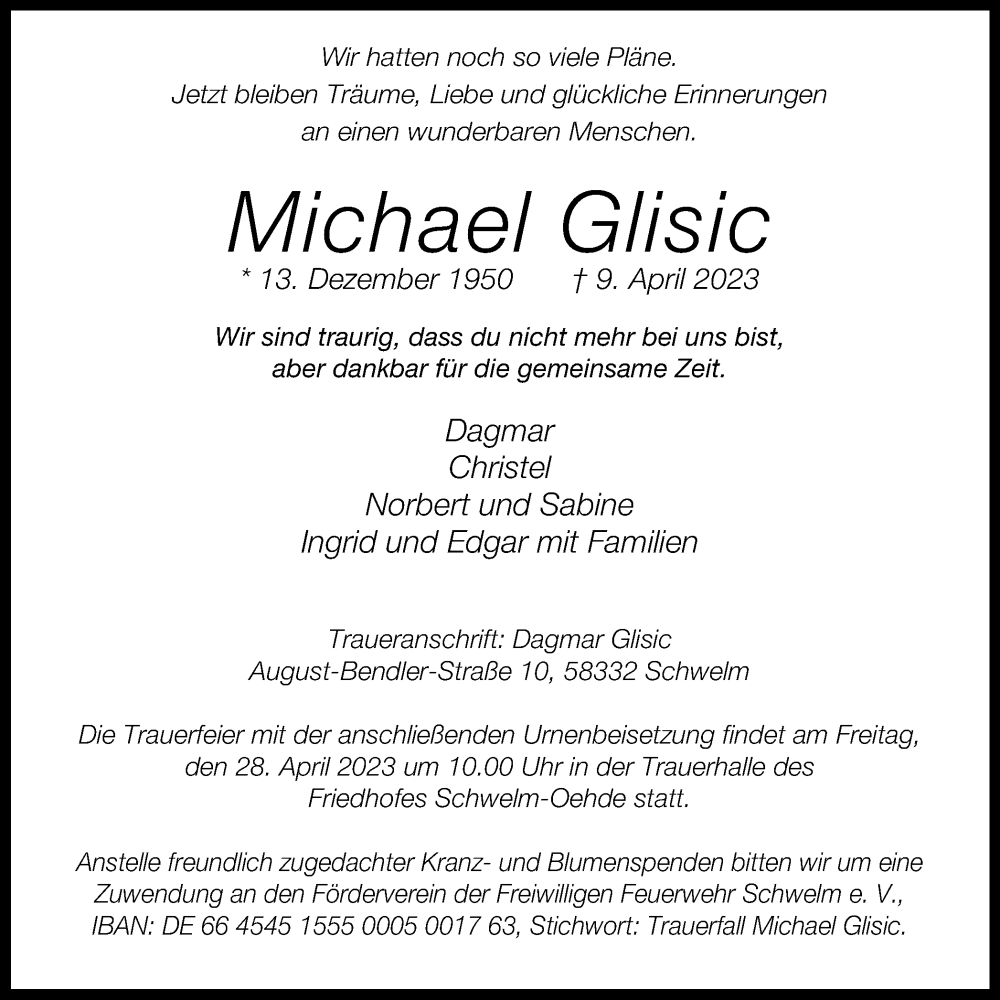  Traueranzeige für Michael Glisic vom 22.04.2023 aus Tageszeitung
