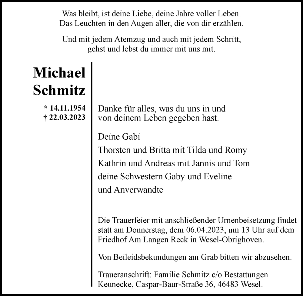  Traueranzeige für Michael Schmitz vom 01.04.2023 aus Tageszeitung