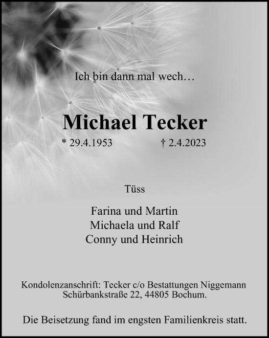 Traueranzeige von Michael Tecker von Tageszeitung