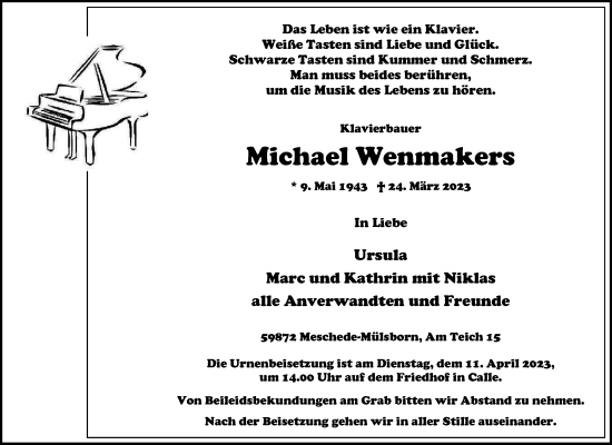 Traueranzeige von Michael Wenmakers von Tageszeitung