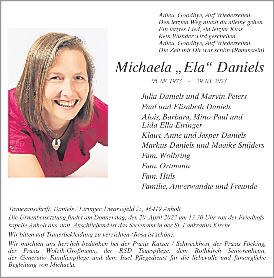 Traueranzeige von Michaela Daniels von Tageszeitung