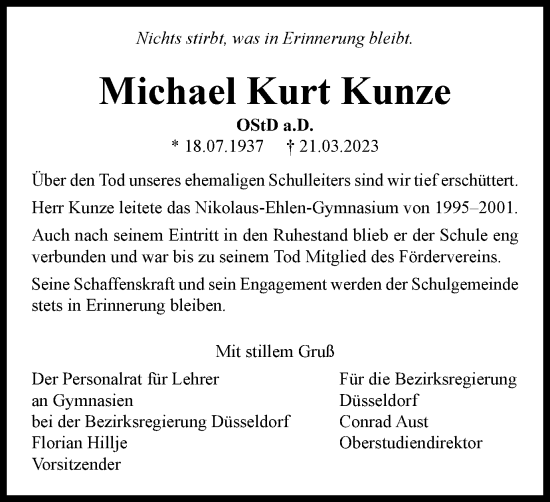 Traueranzeigen von Michael Kurt Kunze | Trauer-in-NRW.de