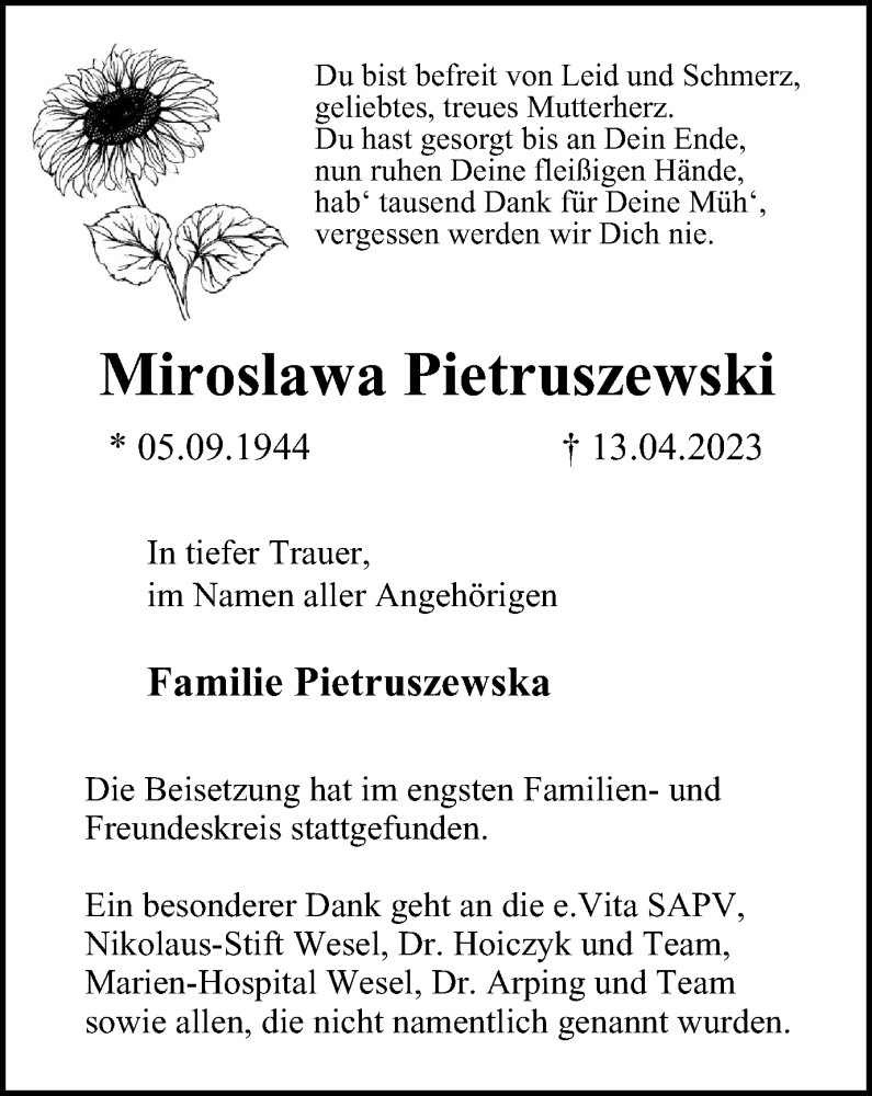  Traueranzeige für Miroslawa Pietruszewski vom 29.04.2023 aus Tageszeitung