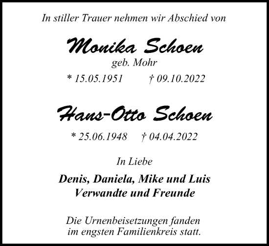 Traueranzeige von Monika und Hans.Otto Schoen von Tageszeitung