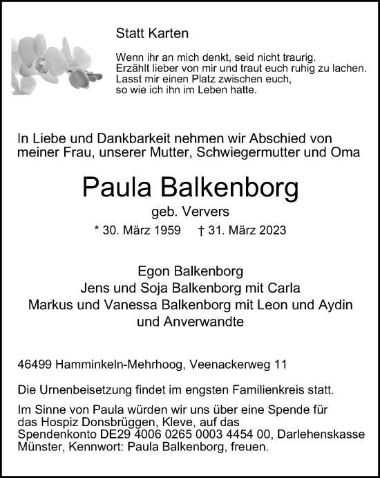 Traueranzeige von Paula Balkenborg von Tageszeitung