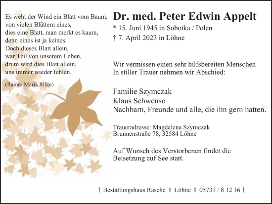 Traueranzeige von Peter Appelt von Tageszeitung