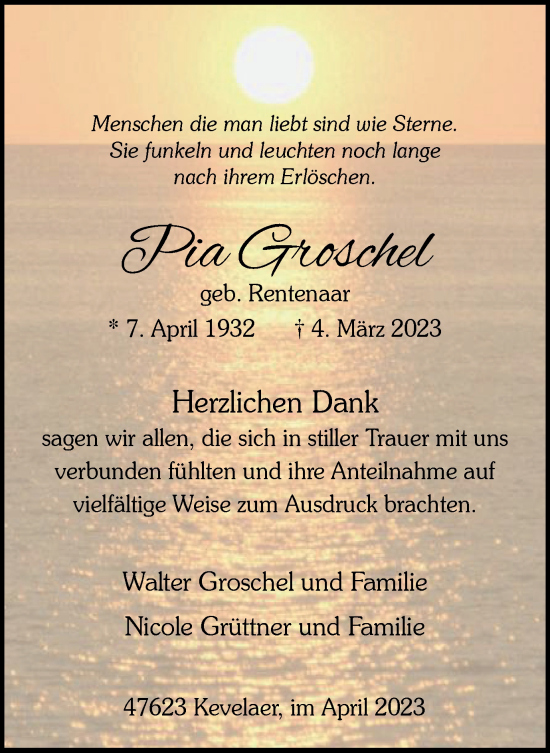 Traueranzeige von Pia Groschel von Tageszeitung