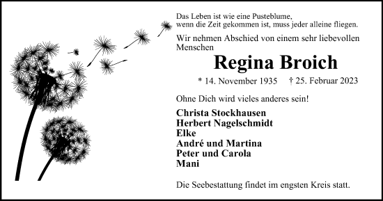 Traueranzeige von Regina Broich von Tageszeitung
