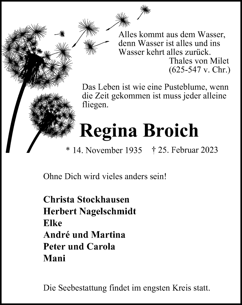  Traueranzeige für Regina Broich vom 22.04.2023 aus Tageszeitung