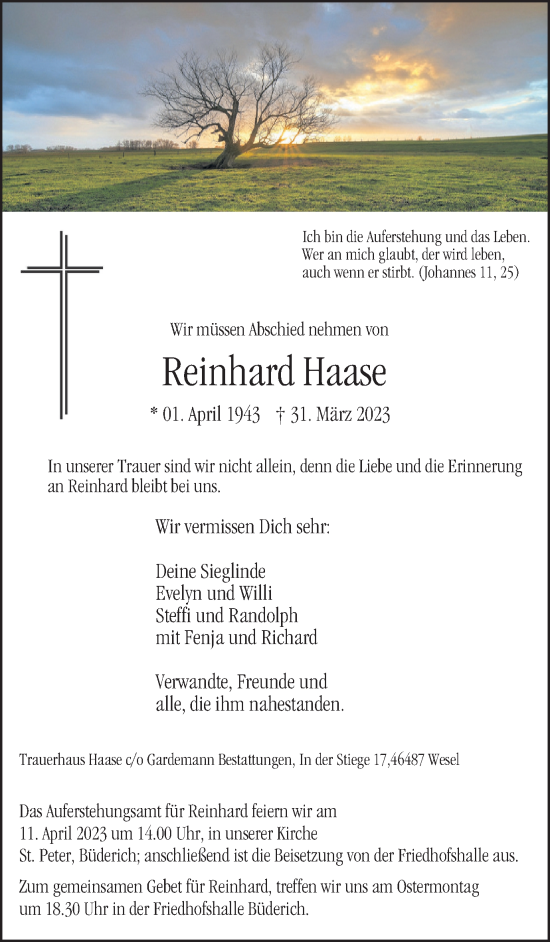 Traueranzeige von Reinhard Haase von Tageszeitung
