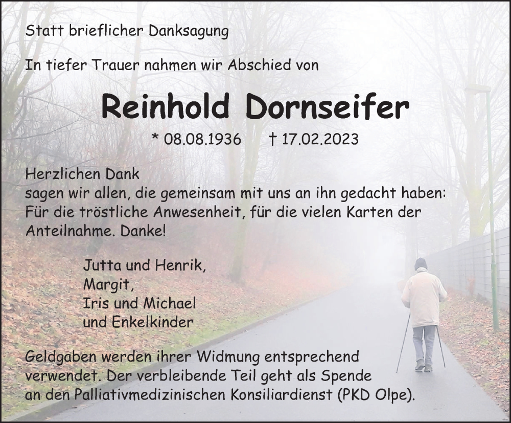  Traueranzeige für Reinhold Dornseifer vom 08.04.2023 aus Tageszeitung