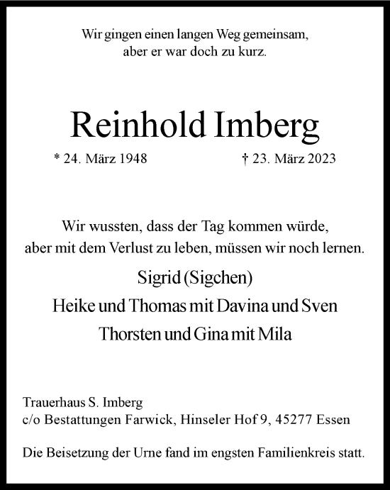 Traueranzeige von Reinhold Imberg von Tageszeitung