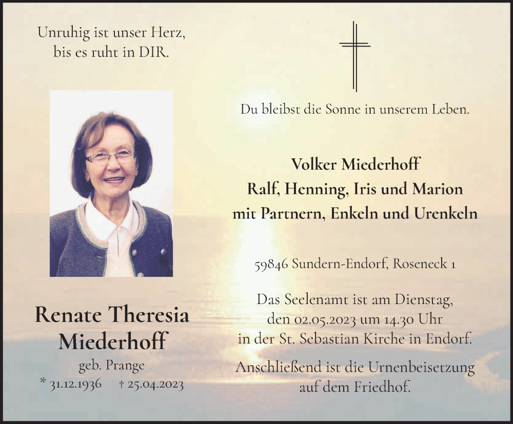  Traueranzeige für Renate Theresia Miederhoff vom 28.04.2023 aus Tageszeitung