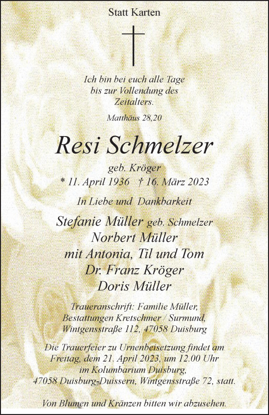 Traueranzeige von Resi Schmelzer von Tageszeitung