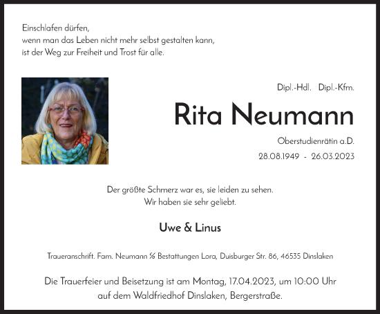 Traueranzeige von Rita Neumann von Tageszeitung