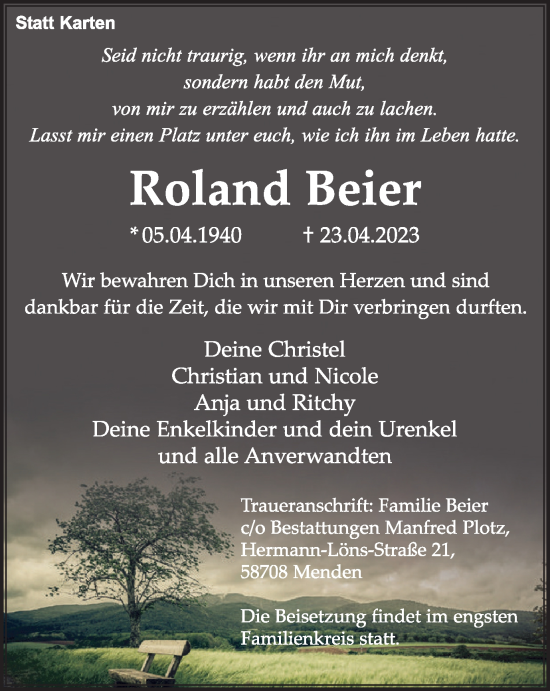 Traueranzeige von Roland Beier von Tageszeitung