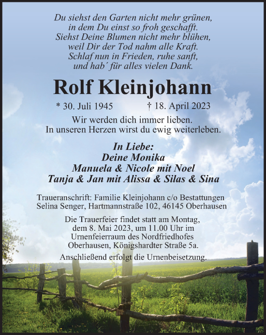 Traueranzeige von Rolf Kleinjohann von Tageszeitung