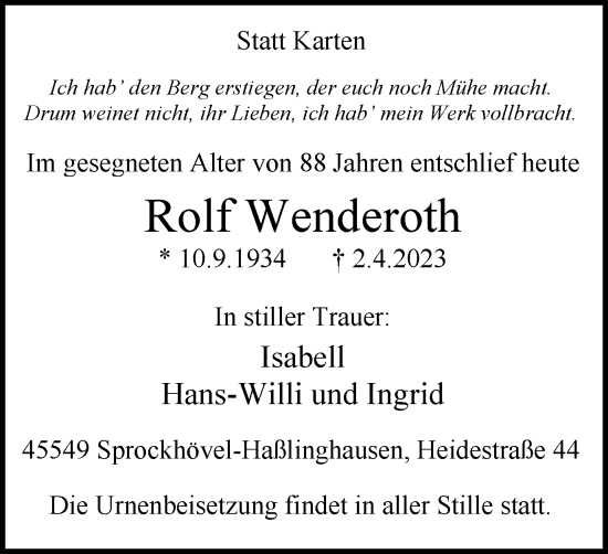 Traueranzeige von Rolf Wenderoth von Tageszeitung