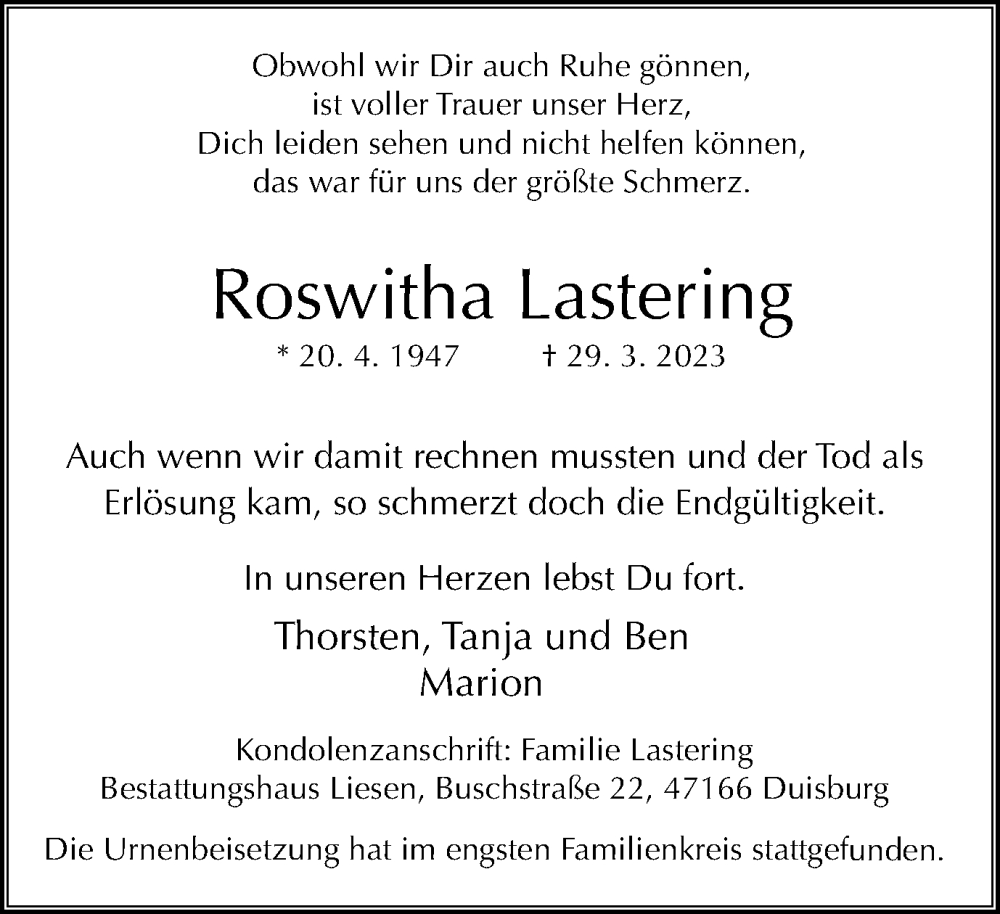  Traueranzeige für Roswitha Lastering vom 22.04.2023 aus Tageszeitung