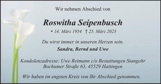Traueranzeige von Roswitha Seipenbusch von Tageszeitung