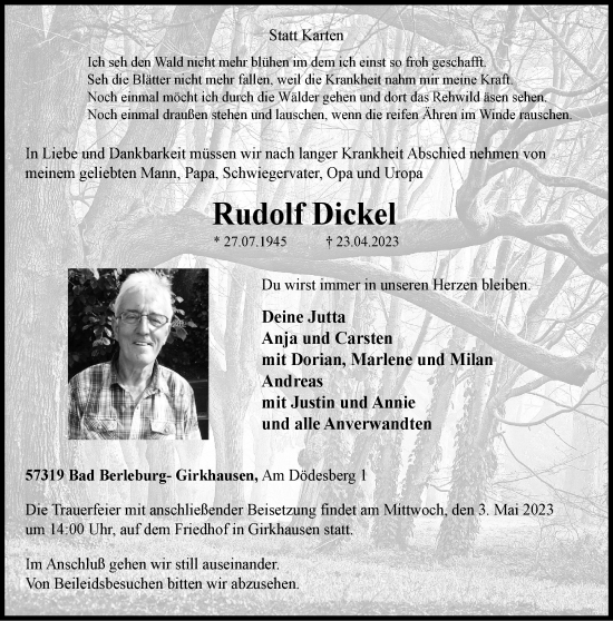 Traueranzeige von Rudolf Dickel von Tageszeitung